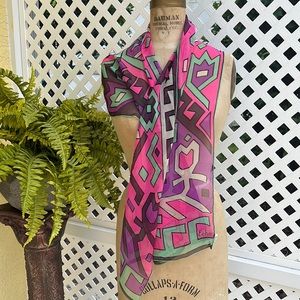 Vintage Silk Echo Oblong Geometric Pattern Scarf Japan fuchsia purple black